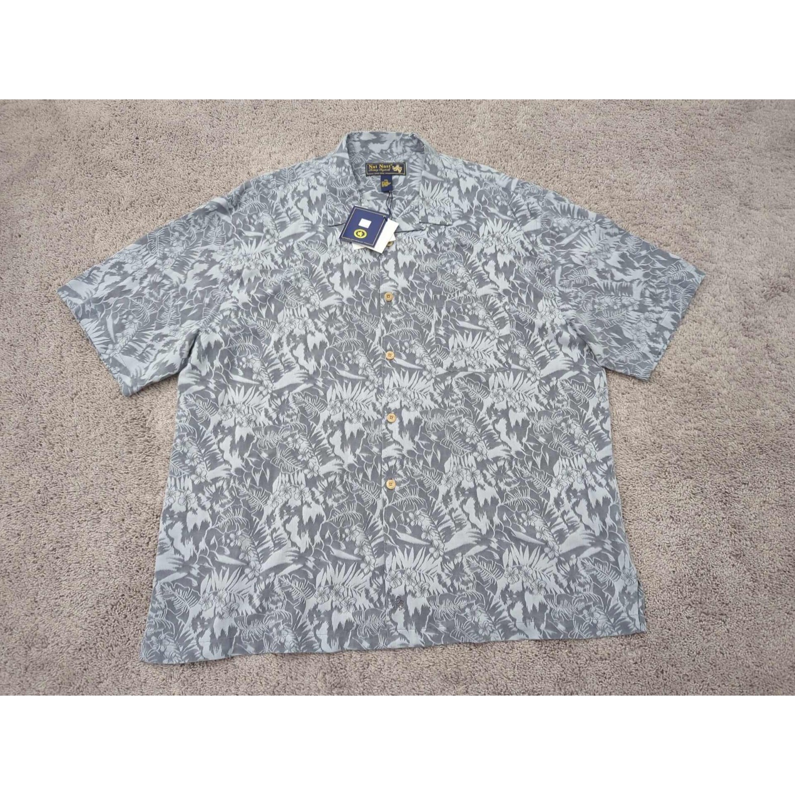 Nat Nast Button Up Shirt Mens Xxl Gray Floral Tropical 100% Silk Summer Casual